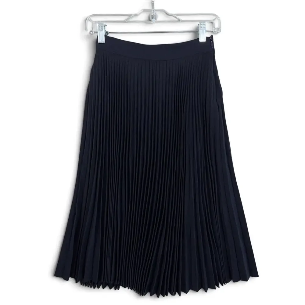 Milly Of New York Navy Accordion Midi Skirt Size 4 Wool Silk Lined Dark Academia